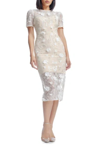 Dress The Population Lia Embellished Flower Appliqué Cocktail Sheath Dress In Off White Multi