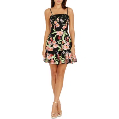 Dress The Population Lissa Floral Embroidery Cocktail Minidress In Bright Rose Multi