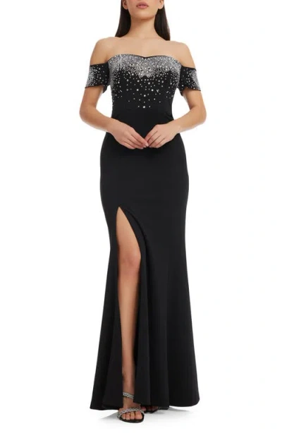 Dress The Population Logan Embellished Off The Shoulder Gown In Black-silver