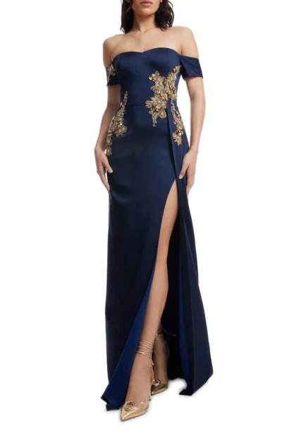 Dress The Population Logan Floral Appliqué Off The Shoulder Gown In Navy
