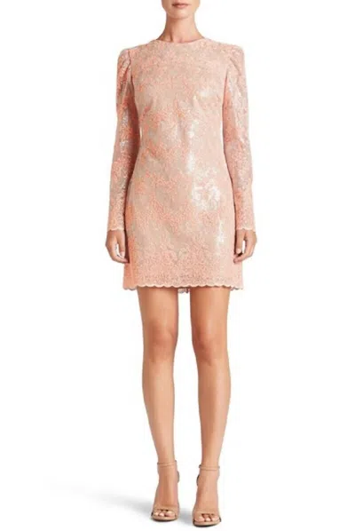 Dress The Population Long Sleeve Coral Sequin Lace Mini Cocktail Dress In Pink