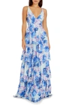 DRESS THE POPULATION LORAIN FLORAL PRINT TIERED RUFFLE GOWN