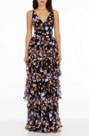 Dress The Population Lorain Sequin Tiered Ruffle Gown In Black Multi
