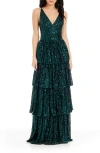 Dress The Population Lorain Sequin Tiered Ruffle Gown In Deep Emerald