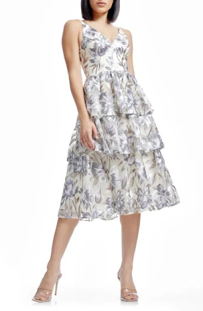 Dress The Population Lorelai Floral Embroidery Tiered Cocktail Midi Dress In Ivory Multi