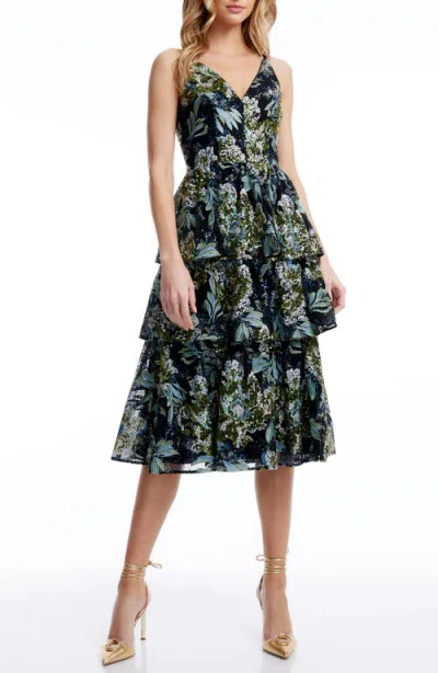 Dress The Population Lorelai Sequin Floral Tiered Cocktail Dress In Black Multi