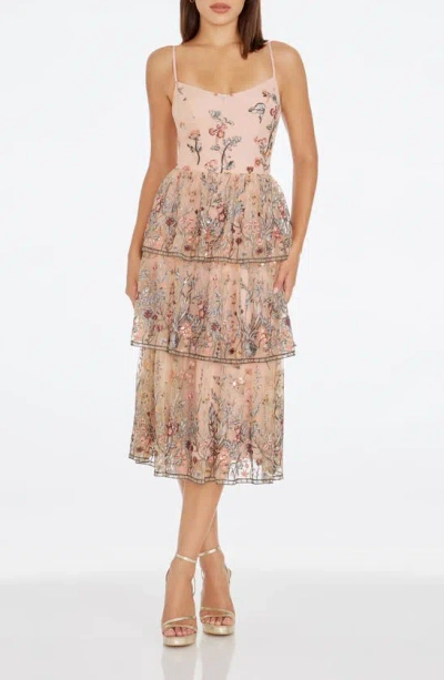 Dress The Population Loretta Floral Embroidery Midi Cocktail Dress In Pink