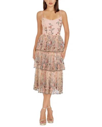 Dress The Population Loretta Floral Embroidery Midi Cocktail Dress In Blush Multi