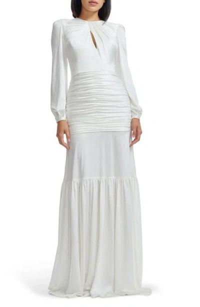 Dress The Population Lucille Pleated Ruched Long Sleeve Gown In White
