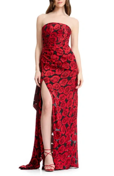 Dress The Population Lulu Floral Strapless Gown In Red