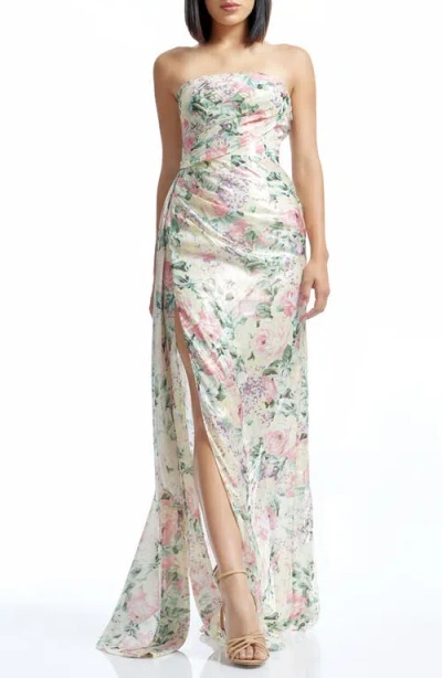 Dress The Population Lulu Metallic Floral Strapless Gown In Ivory Multi