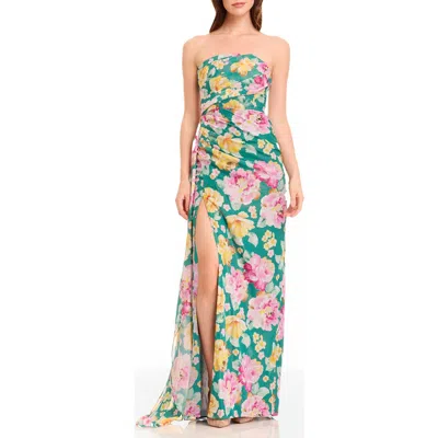 Dress The Population Lulu Metallic Floral Strapless Gown In Pine Multi
