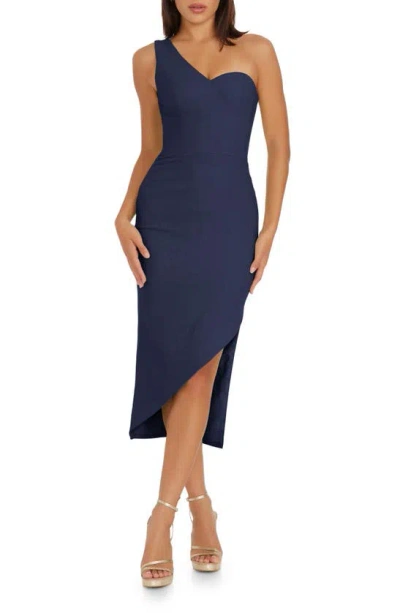 Dress The Population Magnolia One-shoulder Asymmetric Body-con Midi Dress In Midnight