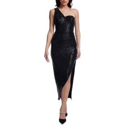 Dress The Population Magnolia One-shoulder Asymmetric Sequin Cocktail Dress In Black