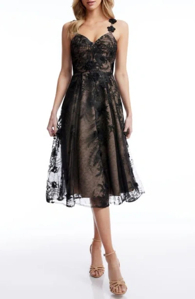 Dress The Population Maren Floral Lace Cocktail Midi Dress In Black-beige