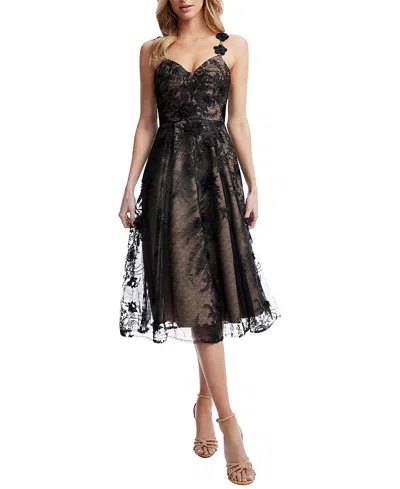Dress The Population Maren Sweetheart Neck 3d Floral Lace Midi Dress In Black