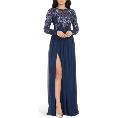 Dress The Population Marth Sequin Long Sleeve Chiffon Gown In Navy Multi
