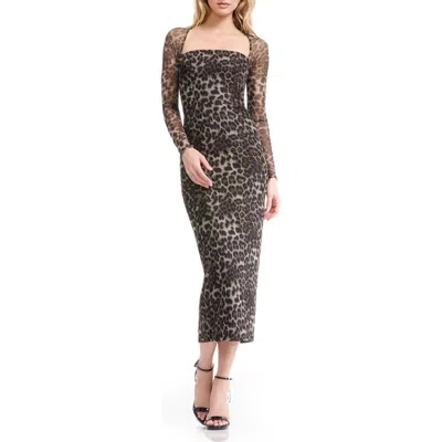 Dress The Population Maxine Print Long Sleeve Body-con Maxi Dress In Black