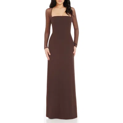Dress The Population Maxwell Square Neck Long Sleeve Gown In Brown