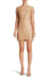 DRESS THE POPULATION MEGAN SHORT SLEEVE SEQUIN LACE MINI DRESS IN GOLD