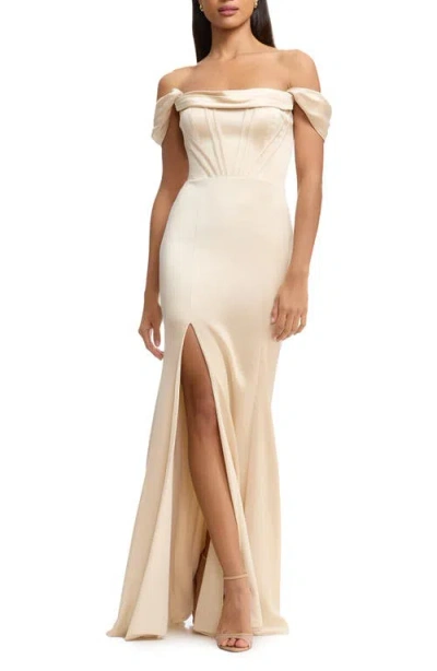 Dress The Population Melania Off The Shoulder Satin Gown In Gold