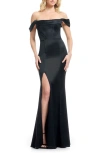 Dress The Population Melania Off The Shoulder Satin Gown In Black