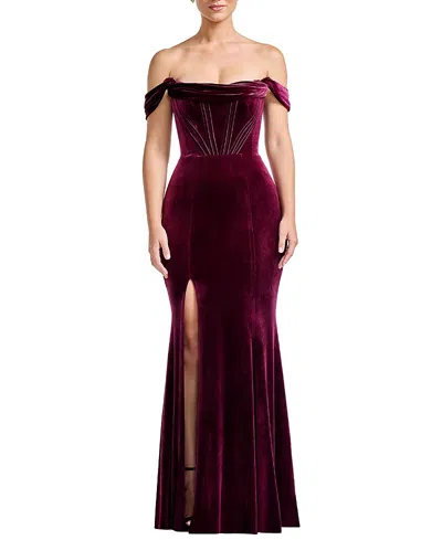 Dress The Population Melania Off-the-shoulder Velvet Mermaid Gown In Burgundy