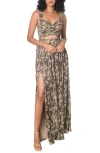 Dress The Population Mirabella Cutout Evening Gown In Black Multi/tan
