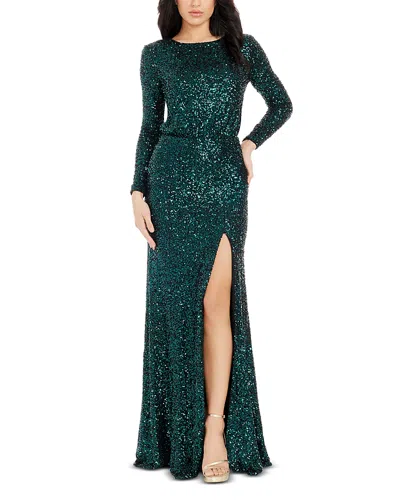 Dress The Population Mischa Sequin Side Slit Long Sleeve Gown In Deep Emerald
