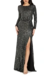 Dress The Population Mischa Sequin Side Slit Long Sleeve Gown In Gunmetal