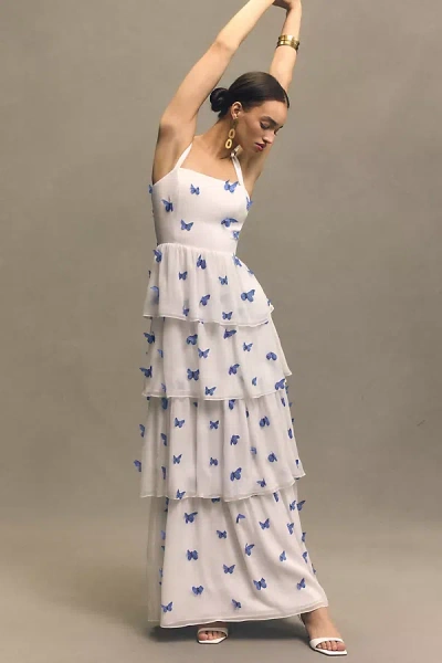 Dress The Population Monica Butterfly Appliqué Tiered Silk Gown In White-blue