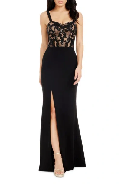 Dress The Population Monique Sequin Lace Bodice Gown In Black/ Beige