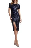 Dress The Population Natasha Sequin Sheath Midi Dress In Midnight Blue