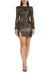 Dress The Population Nathalia Sequin Directional Stripe Long Sleeve Cocktail Minidress In Black/beige