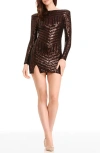 Dress The Population Nathalia Sequin Directional Stripe Long Sleeve Cocktail Minidress In Brown