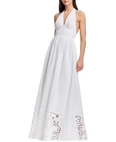 Dress The Population Nessie Halter Plunge V-neck Lace Trim A-line Gown In White