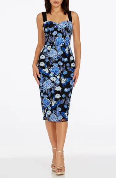 Dress The Population Nicole Floral Cocktail Sheath Dress In Cobalt Multi