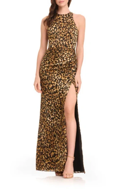 Dress The Population Nilla Leopard Print Open Back Gown In Animal Print