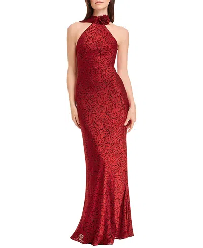 Dress The Population Olivia Halter High Neck Rose Print Rosette Gown In Red