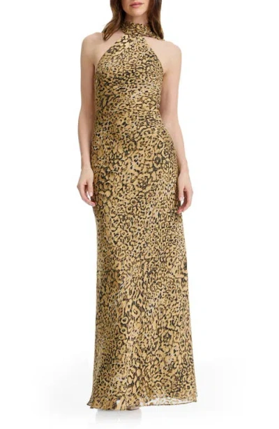 Dress The Population Olivia Leopard Print Halter Neck Gown In Multi