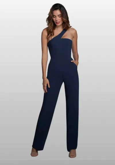 Dress The Population One Shoulder Pockets Jumpsuit In Navy In Blue