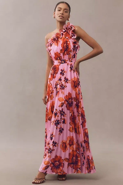 DRESS THE POPULATION ONE-SHOULDER RUFFLED FIT & FLARE VIDA MAXI DRESS