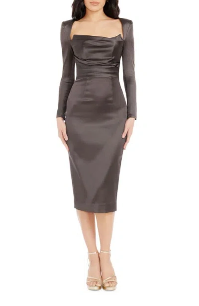 Dress The Population Pamela Long Sleeve Satin Cocktail Dress In Mocha