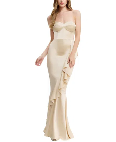 Dress The Population Paris Strapless Sweetheart Satin Cascade Ruffle Gown In Champagne