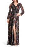 Dress The Population Pauline Metallic Floral Long Sleeve Gown In Black