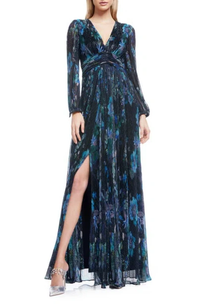 Dress The Population Pauline Metallic Floral Long Sleeve Gown In Turquoise Multi