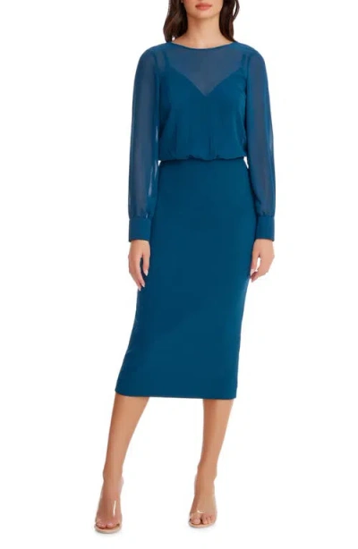 Dress The Population Pilar Mixed Media Long Sleeve Dress In Peacock Blue