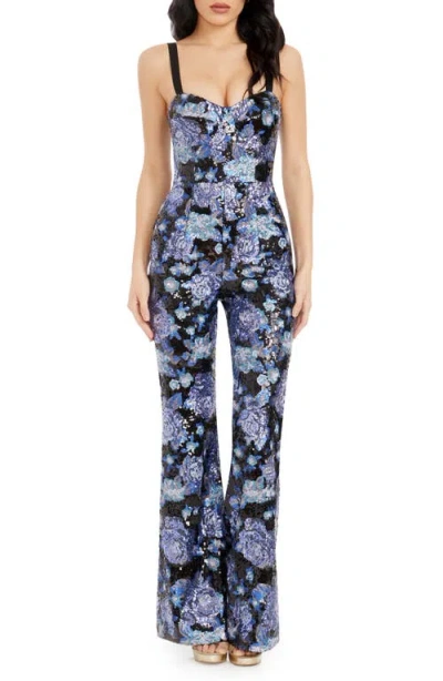 Dress The Population Presley Floral Sequin Jumpsuit In Royal Blue Multi