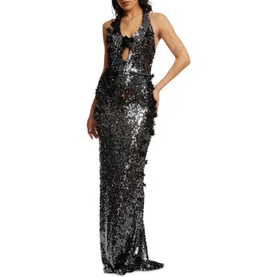 Dress The Population Priscilla Sequin Halter Gown In Gunmetal