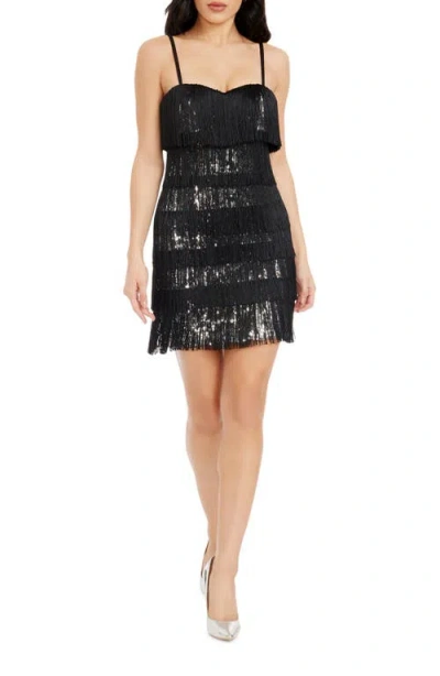 Dress The Population Rebecca Sequin & Tiered Fringe Cocktail Minidress In Black-silver